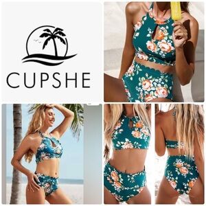 Cupshe | Teal Floral Scalloped High Neck Bikini Set